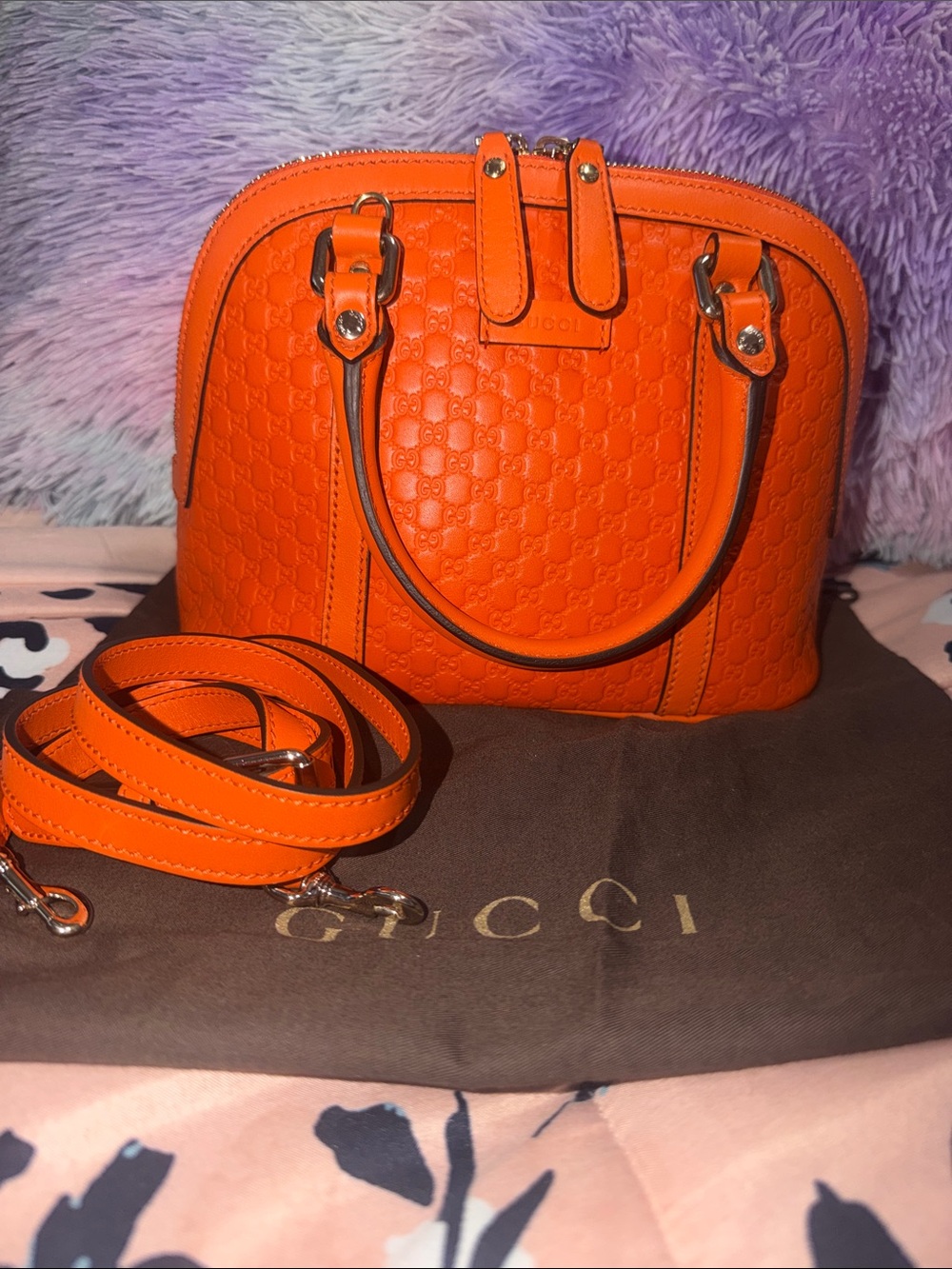 Gucci Orange Embossed Dome Satchel with Detachable Strap
